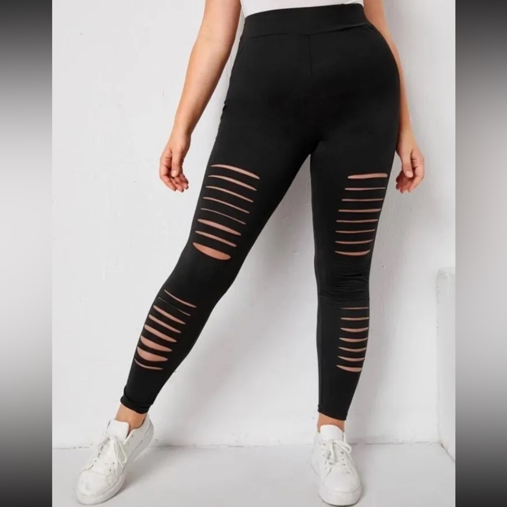 SHEIN Women's Plus Elastic Waist Ladder Cut Out Leggings Black Size 2XL (16)